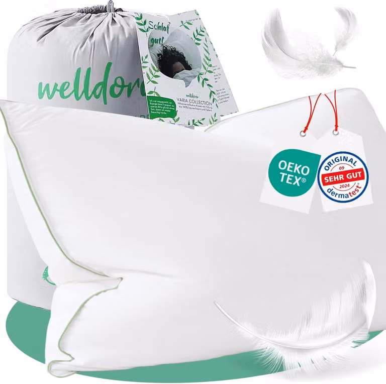 Welldora Premium Hoofdkussen met Natuurlijke Dons en Veren, Ergonomisch Neksteunkussen voor Zij- en Rugslapers, 40 x 80 cm