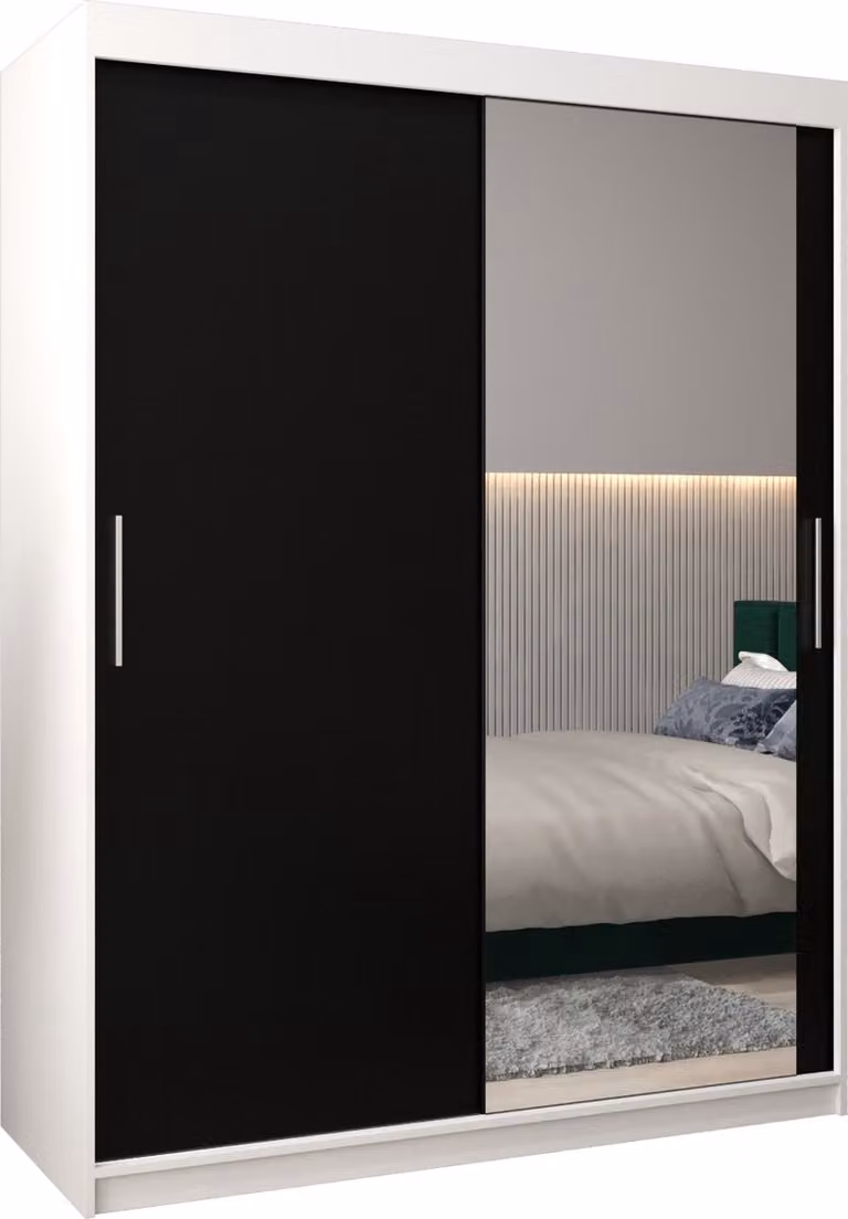 InspireMe TORM II 150 Kledingkast met 2 schuifdeuren en 2 lades, Wit Mat + Zwart, B: 150 cm, H: 200 cm, D: 62 cm