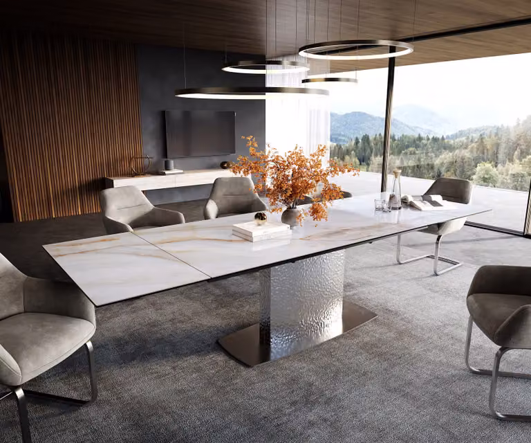 DELIFE Eettafel Edge Onyx Pearl Wave, Keramiek en Roestvrij Staal, Uittrekbaar, 200-300 x 100 cm