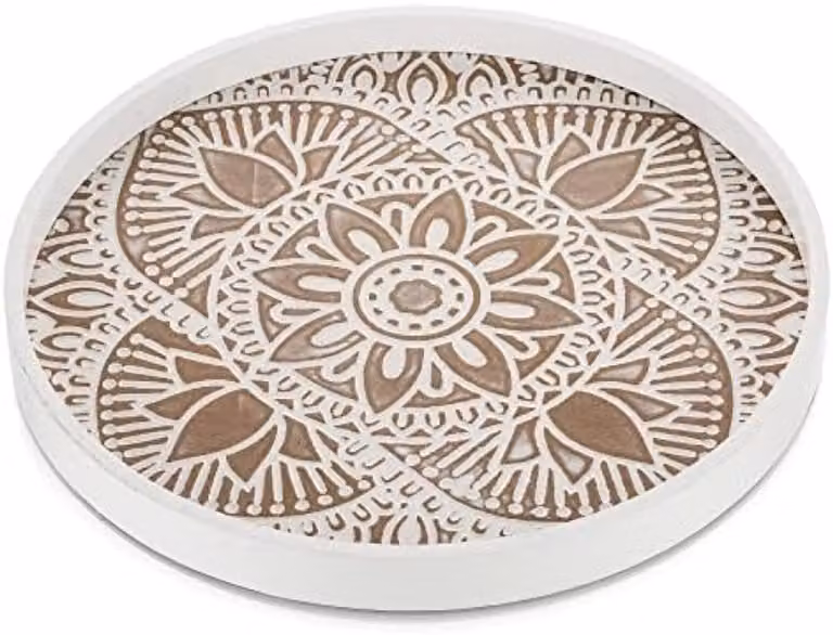 PromoHome Rond Houten Dienblad - Rustiek Wit Decoratief Dienblad