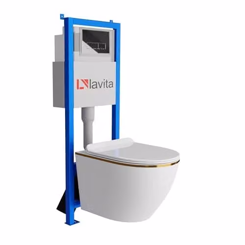 Domino Lavita Wandtoiletset Sofi Slim Gold Line inclusief voorwandelement, drukplaat RC en softclose WC-bril