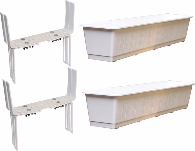 Set van 4 witte rechthoekige kunststof plantenbakken van 80 cm inclusief 8 verstelbare balkonbeugels