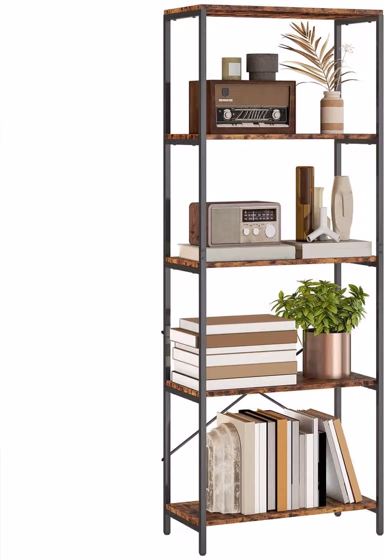 Bruine Boekenkast met 5 Planken en Metalen Frame