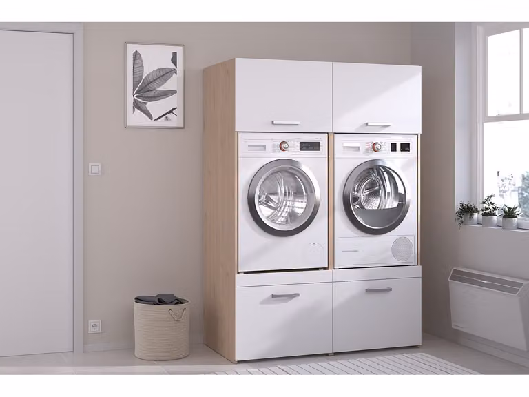 ERKANO Meubel voor 2 wasmachines met kasten - Licht naturel en wit - B: 128 cm, H: 184 cm