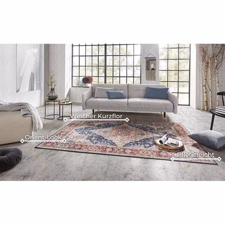 home24 Vloerkleed Sylla Blauw Multicolour Rond Ø 160 cm Geweven Stof