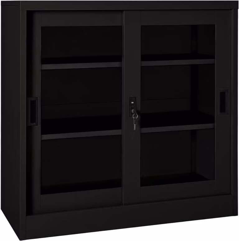 Stalen archiefkast met glazen deuren voor kantoor en home office - Zwart - B/D/H: 90 x 40 x 90 cm