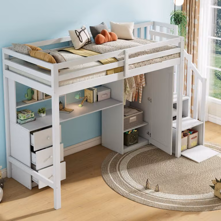 Sweiko multifunctioneel kinderstapelbed met bureau, garderobekast, trap en lades, wit, 90 x 200 cm