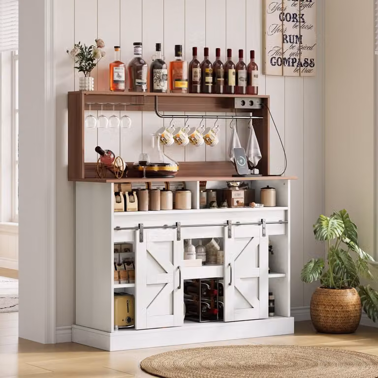 STILVORA Koffiebar Dressoir met Glazenhouder, Stopcontacten en Schuifdeuren, Wit+Lichtbruin, B/D/H: 120 x 40 x 130 cm