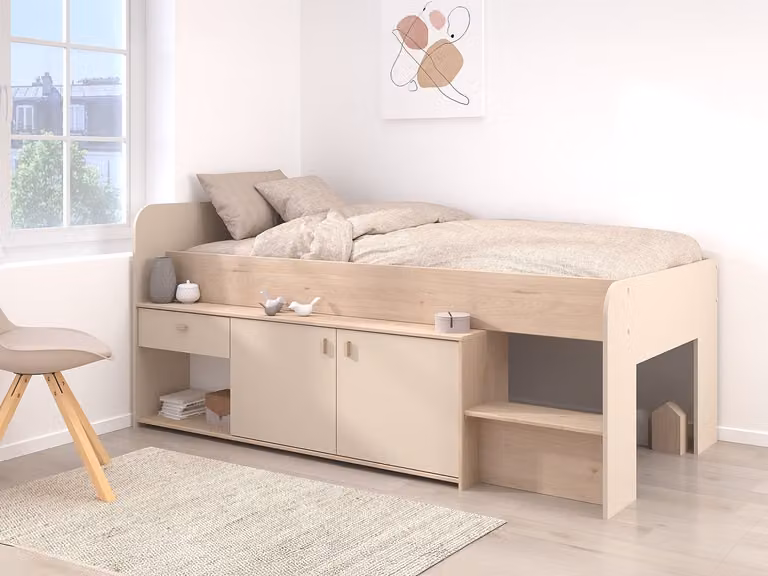 LUNOBI Halfhoogslaper met bergruimte en lades voor kinderen, Beige en naturel, B/D/H: 90 x 200 cm + Lattenbodem