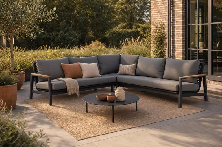 Coco Ralph/Pacific 4-delige hoek loungeset met aluminium en teak in grijs, 100 cm