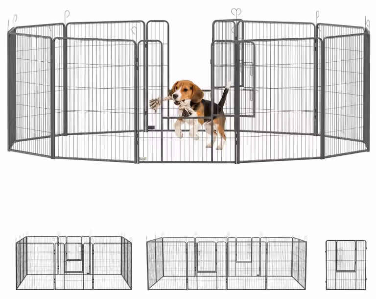 PawHut Inklapbare Puppyren met 2 deuren, 12-delig, Grijs, Hoogte: 100 cm