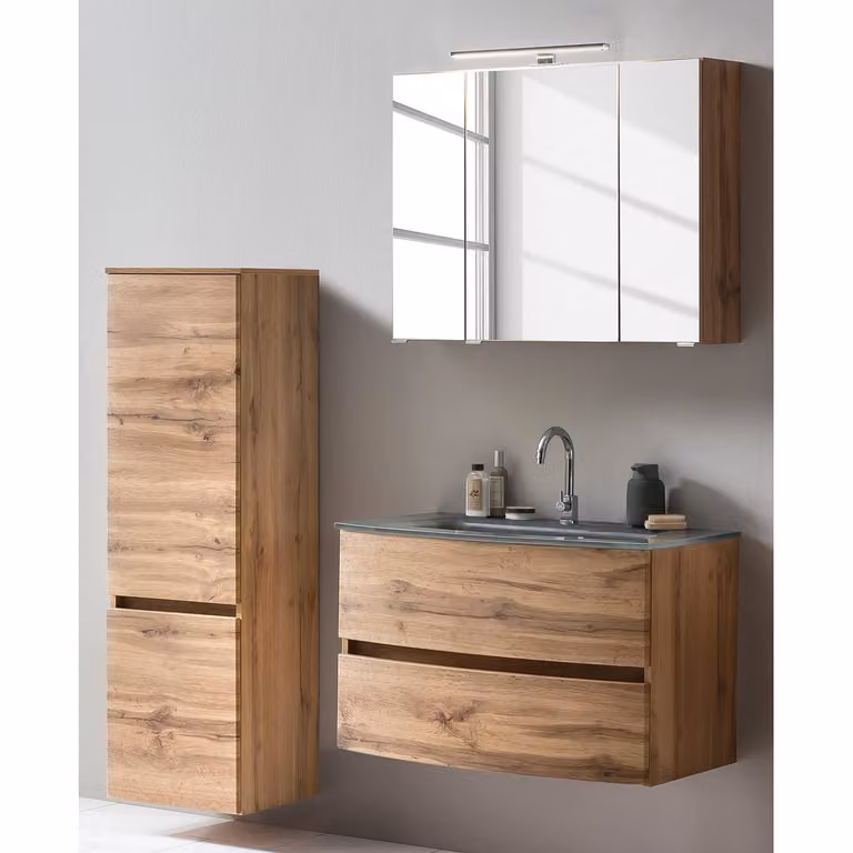 home24 Badkamerset VI 3-delig, Bruin Wotan eikenhouten look, B/D/H: 120 x 49 x 200 cm