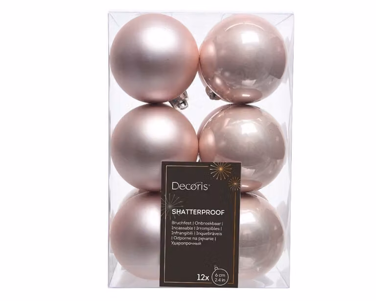 Decoris 12 onbreekbare kerstballen poederroze, diameter 6 cm