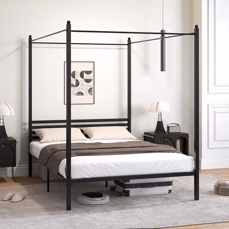 Zwart metalen hemelbed frame met opbergruimte, B/D/H: 140 x 200 cm
