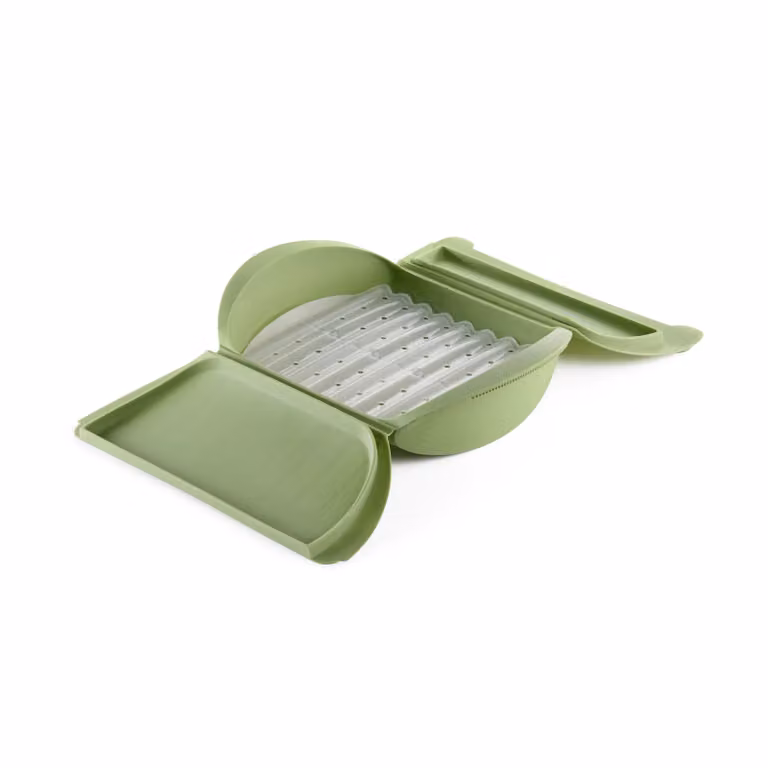 Lékué siliconen stoomkoker met tray en opbergruimte, Groen, 4-pack, geschikt voor 3,4 porties