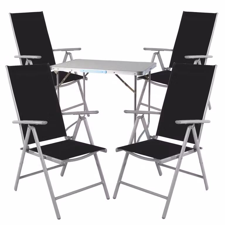 Mojawo Complete set van 5 inklapbare campingmeubels voor volwassenen, aluminium met zwarte bekleding