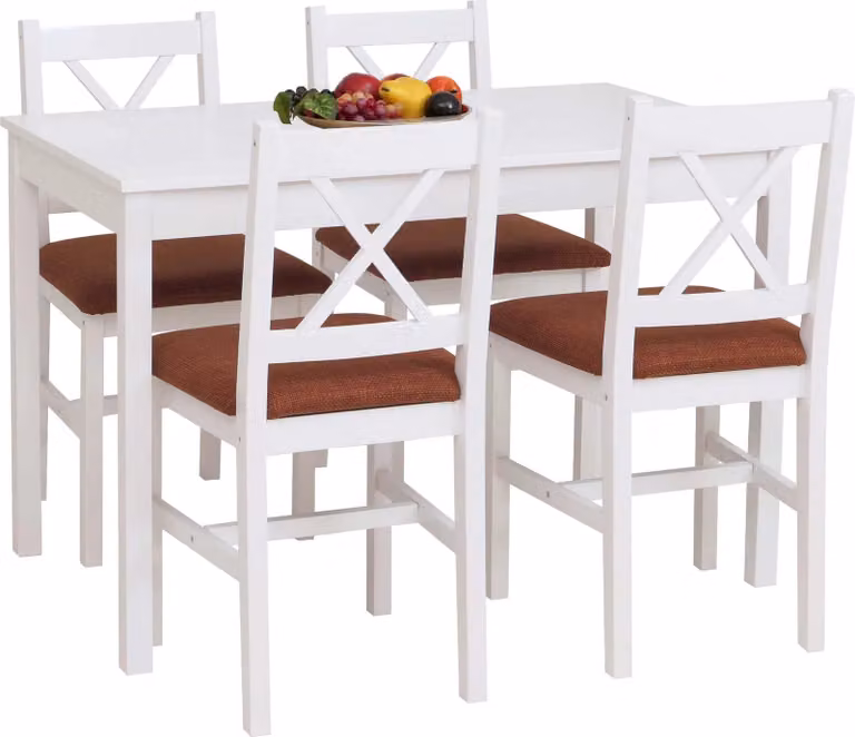 Mendler Eetkamerset HWC-F77 van massief grenenhout met terracotta stoffen bekleding en wit tafelblad