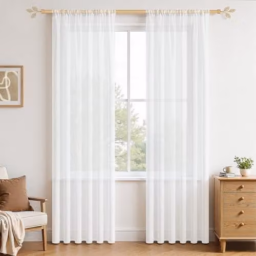 MRTREES Voile gordijnen met oogjes, linnenlook, semi-transparant, wit, set van 2, H 245 x B 140 cm
