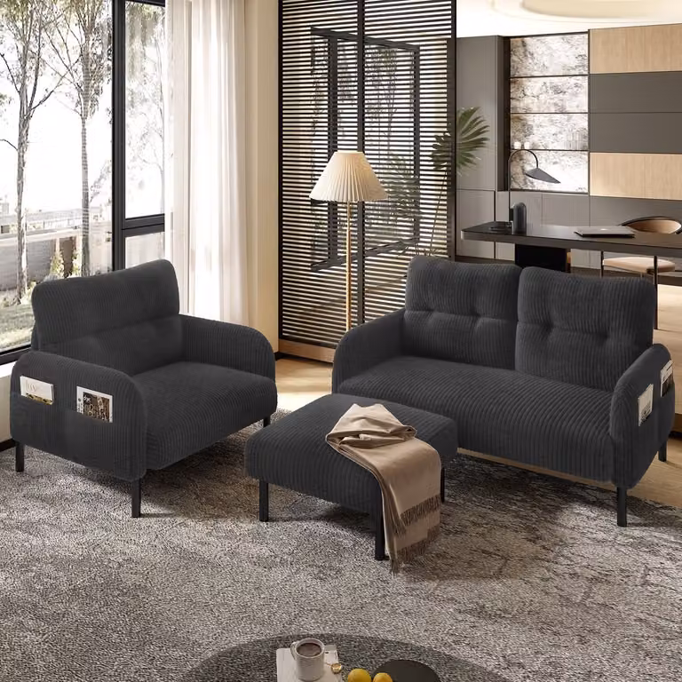 MODENUIT Bankstel 3-delige set met 2-zitsbank, fauteuil en hocker in Cord Grijs