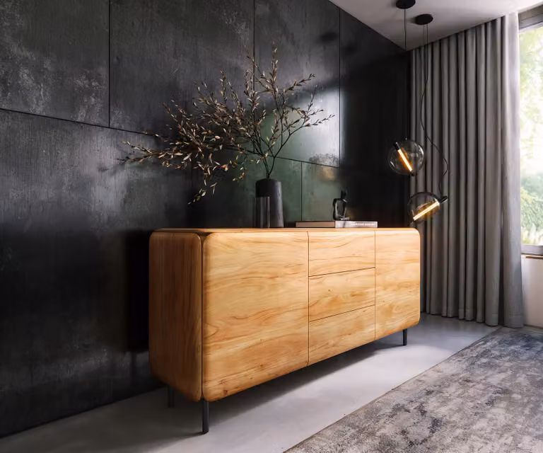 DELIFE Dressoir Shavani van acacia hout en metaal, Bruin/Zwart, Breedte: 175 cm