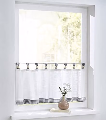 Kutti Cottage Vitrage wit/grijs geruit, semi-transparant katoen, Breedte: 120 cm, Hoogte: 50 cm