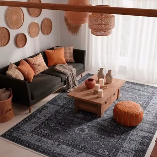 Tesso Living Kilim Tapijt - Zwart - 155 x 225 cm - Laagpolig Vintage Vloerkleed met Anti-slip en Franjes