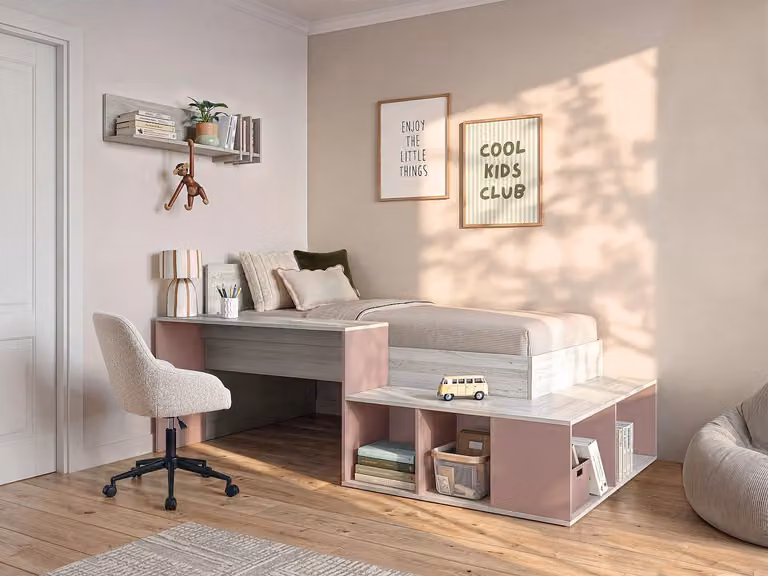 RIGALI Combinatiebed met bureau en opbergruimte, Beige en Roze, B/D/H: 90 x 200 cm