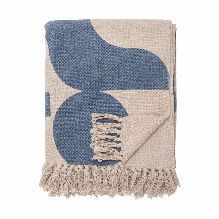 Bloomingville Agno katoenen plaid met franjes beige-blauw B: 130 cm, D: 160 cm
