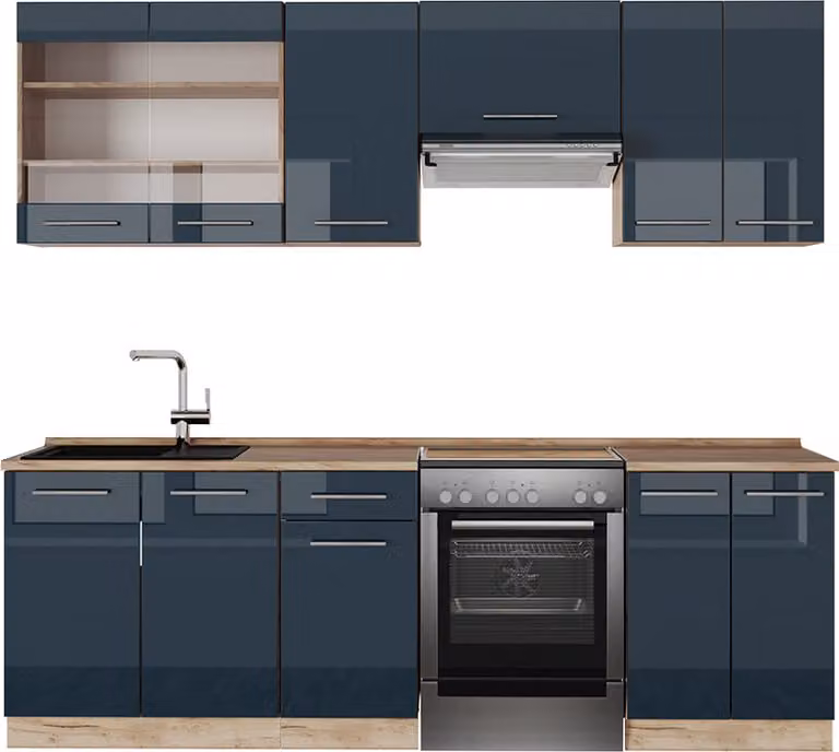 Vicco Fame-Line Keukeneenheid Donkerblauw hoogglans en Gouden eik, 240 cm