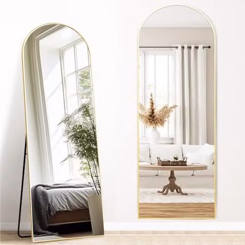 Melodieux Bogen full-body spiegel, goudkleurig aluminium frame, vrijstaand of wandmontage, 147 x 44 cm