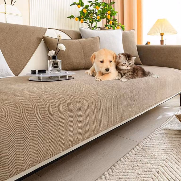 Bruine Chenille Bankhoes met Visgraat Textuur - Zetelbeschermer voor je Bank - 90 x 240 cm