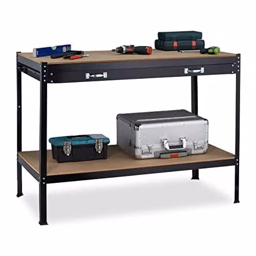 Relaxdays Werkbank met lade en 2 verdiepingen, zwart en bruin, B/D/H: 121 x 90,5 x 63,5 cm