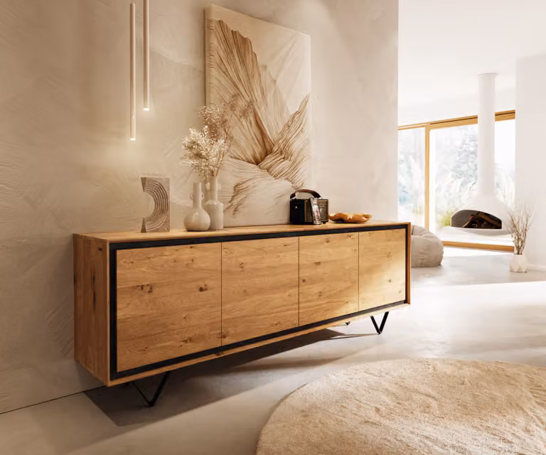 DELIFE Dressoir Stonegrace in natuur eiken en steenfineer met 4 deuren en zwarte V-poten, Breedte: 200 cm
