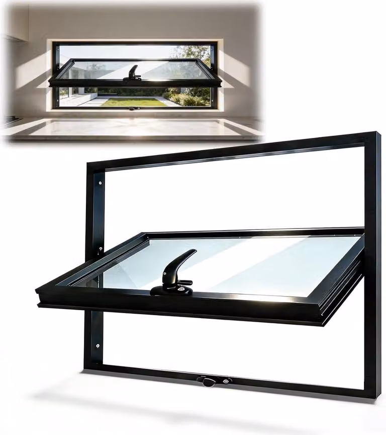 Zwart aluminium schuifvenster met 360 graden draaibare scheidingswand, mat, B: 90 cm, D: 60 cm