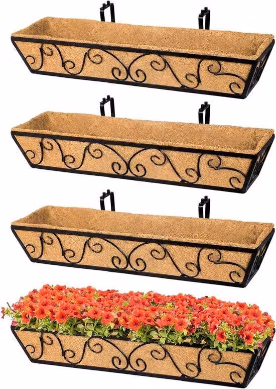 Set van 4 rustieke metalen en keramische hangplantenbakken voor balkon en tuin, zwart en meerkleurig