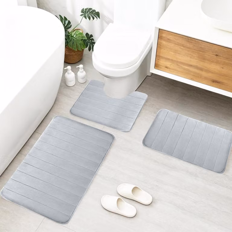 Zachte Badmat Set van 3 Stukken met Geheugenfoam, U-vormige Toiletmat en Antislip Zuignappen, Lichtgrijs