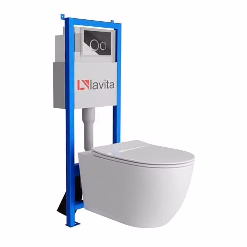Domino Lavita Complete Toiletset met Inbouwreservoir, Voorwandelement, Wandtoilet SINTO GRANDE en WC-bril met Softclose - Wit Hoogglans en Chroom