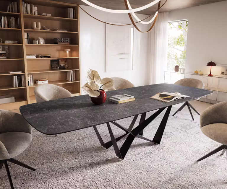 DELIFE Edge Boot Eettafel met Keramisch Blad en Uitschuifbaar Ovaal Tafelblad, Nero Greco Anthrazit/Zwart, B/D/H: 240-300 x 120 x 75 cm