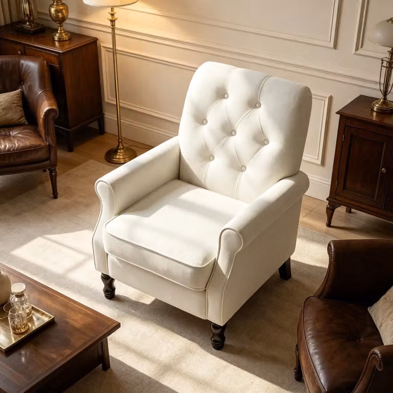 Hauss Spole Fauteuil met hoge rugleuning en armleuningen in crème stof met houten poten