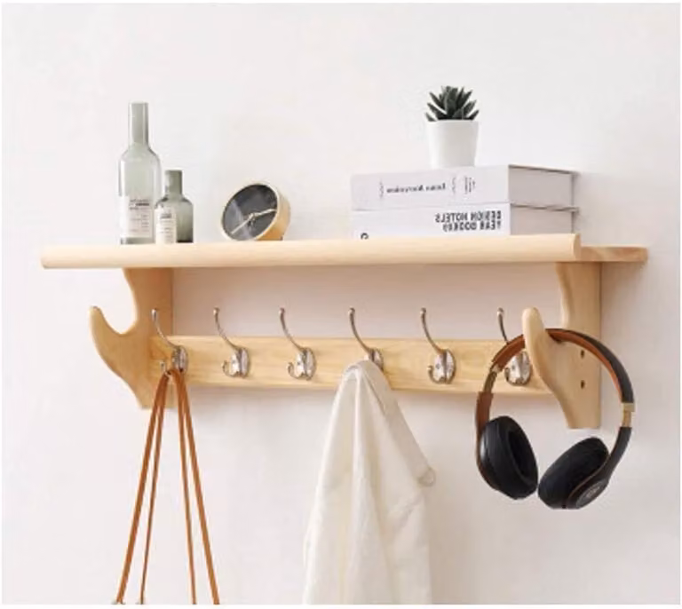 Rustieke houten kapstok met wandplank en haken in houtkleur, B/D: 80 x 22 cm