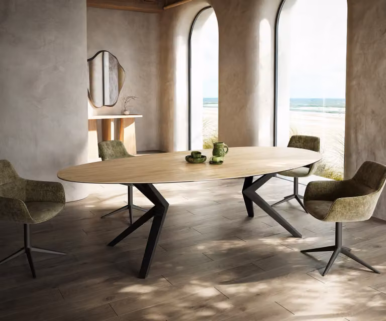 DELIFE Edge ovale eettafel met keramisch blad en zwart metalen onderstel, Sabbia eiken kleur, B: 280 cm, D: 130 cm, H: 76 cm