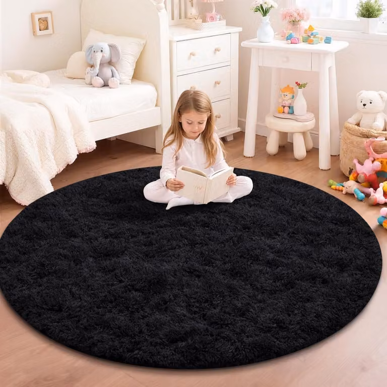 Rond Vloerkleed voor Kinderkamer en Woonkamer - Zwart - Diameter: 100 cm