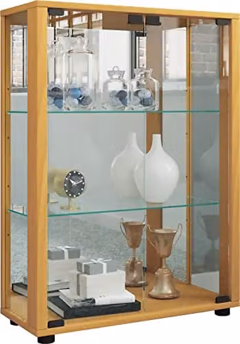 VCM Sintalo Vitrinekast met Spiegel en Glazen Deuren, Beuken, B: 60 cm, H: 80 cm, D: 25 cm