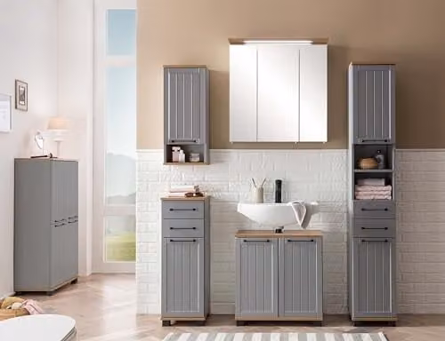 Schildmeyer Jelda Highboard in platinagrijs en eiken landhuis decor, B: 59,8 cm, D: 32,6 cm, H: 116,9 cm
