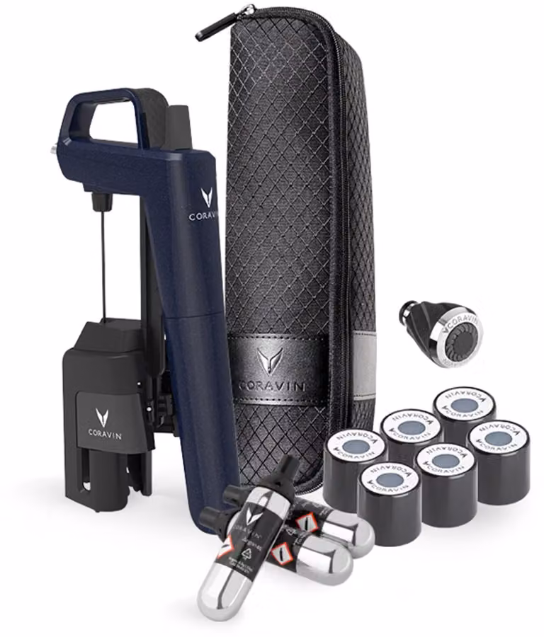 Coravin Timeless Six Plus Wijnbewaarsysteem Limited Edition Ocean Blue met 3 argongascapsules, 6 schroefdoppen en wijnbeluchter