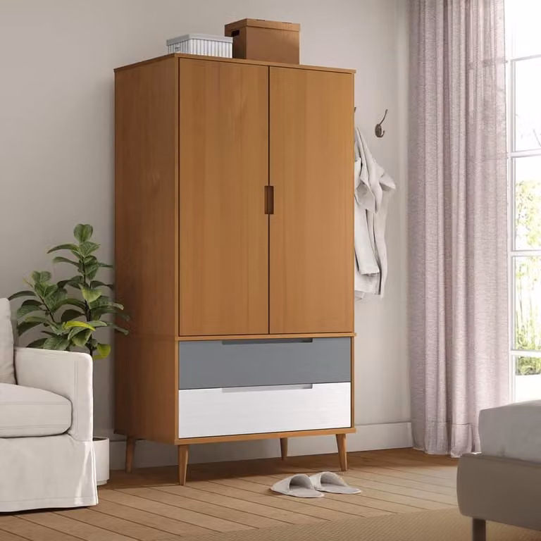 Massief houten kledingkast voor slaapkamer of kinderkamer met deuren - Bruin - B/D/H: 90 x 55 x 175 cm