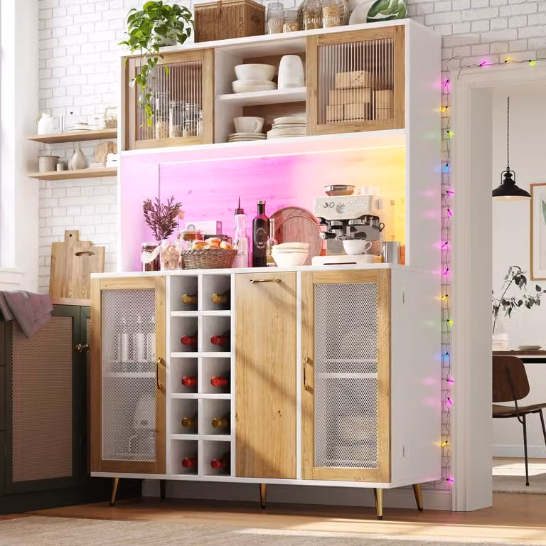 MODENUIT Buffetkast met ledverlichting, wijnrek en stopcontact, Wit, B/D/H: 120 x 40 x 170 cm