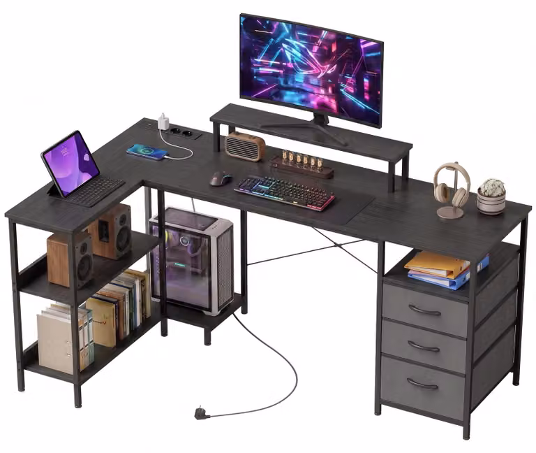 HOMCOM L-vormig bureau met stopcontacten en plank, omkeerbaar computerbureau voor je home office