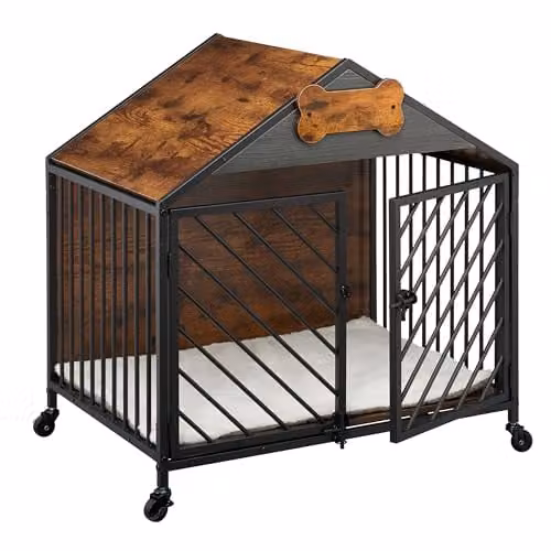 Relaxdays Hondenmeubel in industriële stijl met wielen, Bruin/Zwart, B: 73 cm, H: 70 cm, D: 53 cm
