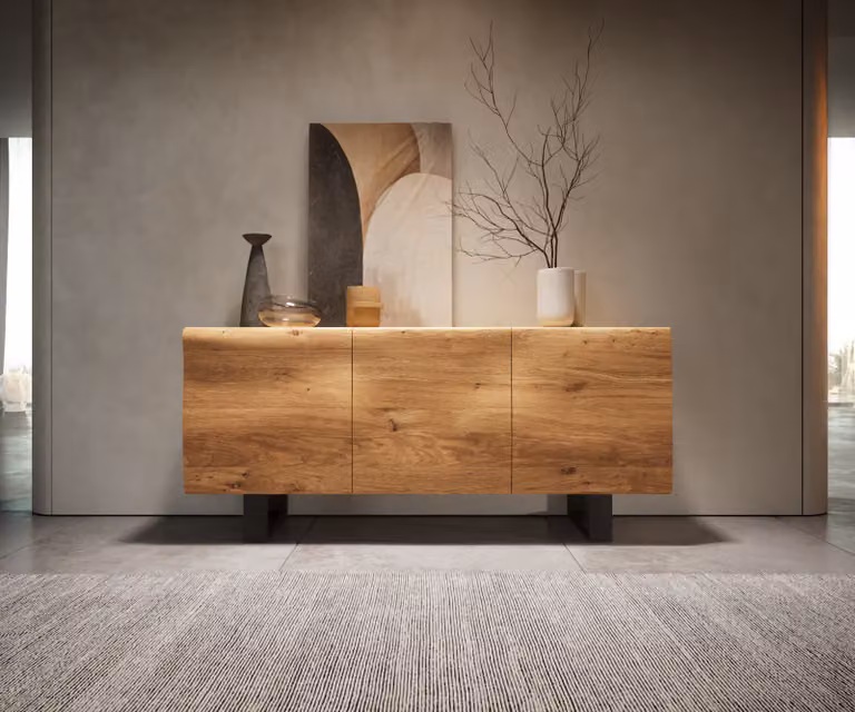 DELIFE Dressoir New Live-Edge Skid met 3 deuren, Eiken natuur en zwart metaal, Breedte: 145 cm